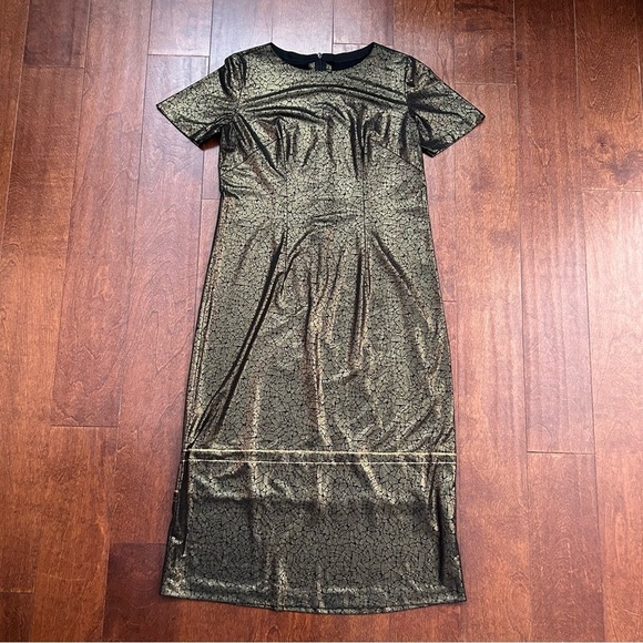 Slinky Shift Dress in Metallic Bronze and Black Crackled Pattern, Size Small/4 - Picture 1 of 10